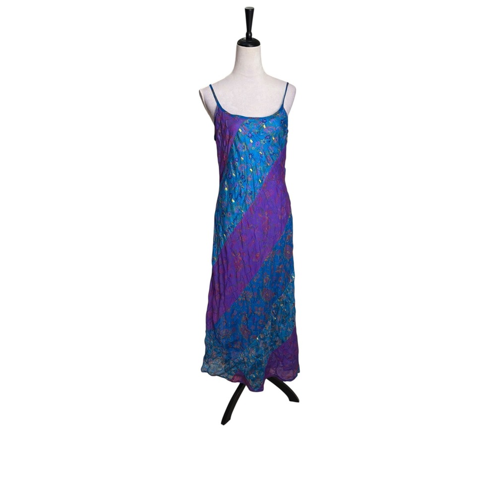 VTG Hugo Buscati Purple Turquoise Floral Metallic Maxi Slip Dress Sz 6